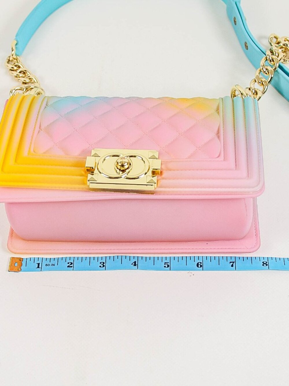 Pastel Rainbow Jelly Crossbody Bag Gold Chain Strap Quilted Candy Color Purse - Picture 6 of 8